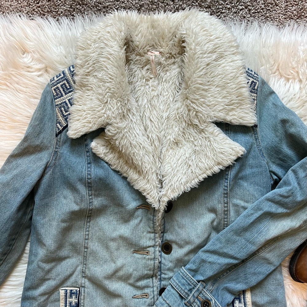 Free People Light Blue Denim & Sherpa Lined Long Boho Jacket - Picture 4 of 12